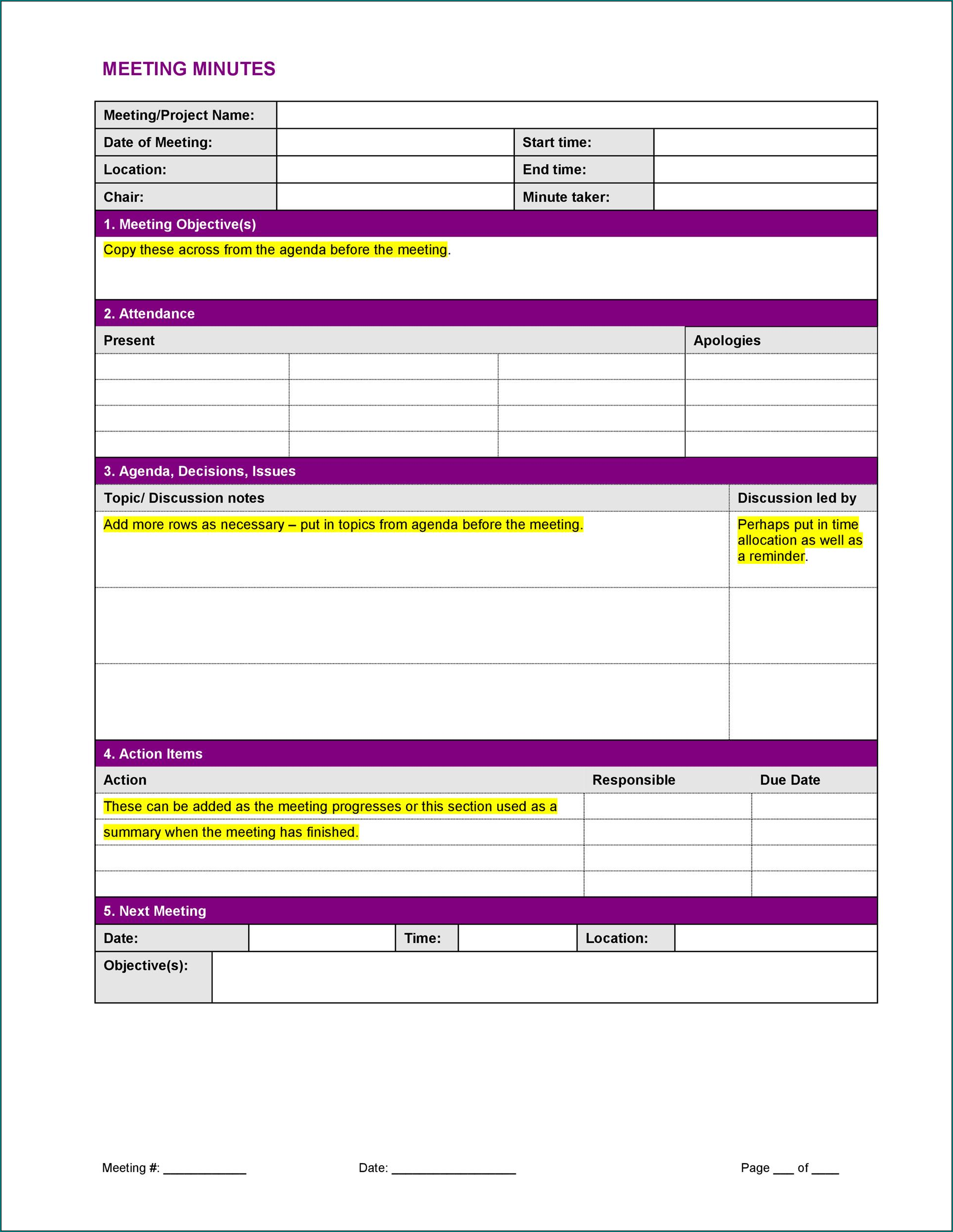 Example of Best Meeting Minutes Template