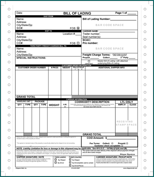 Example of Bill Of Lading Form