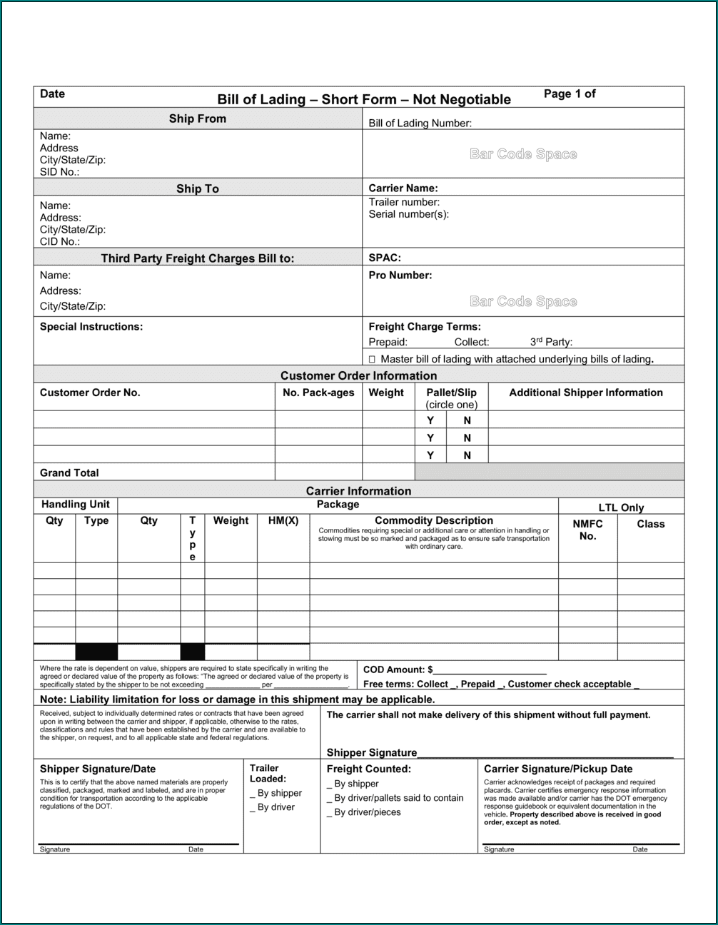 Example of Bill Of Lading Template