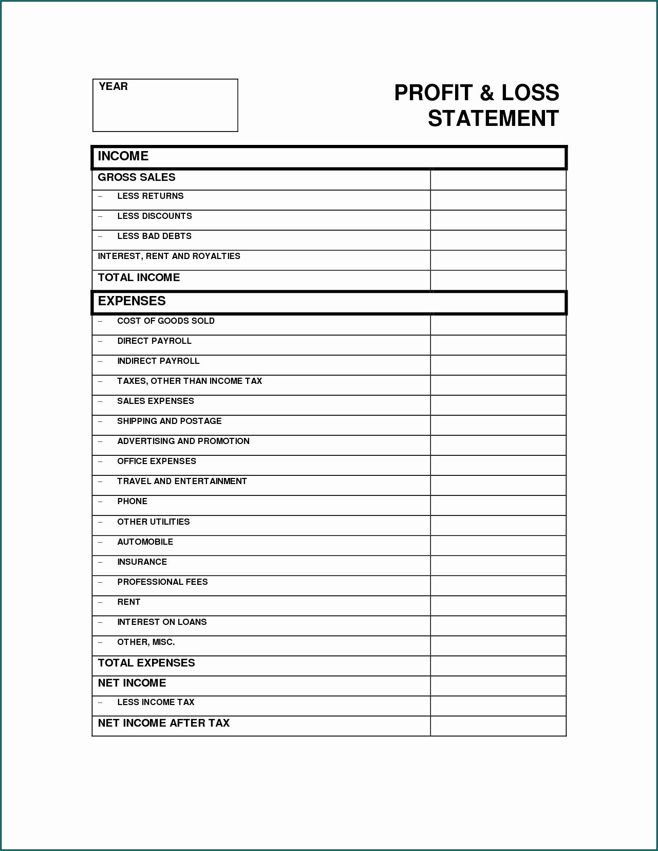 Example of Blank Profit And Loss Statement Template