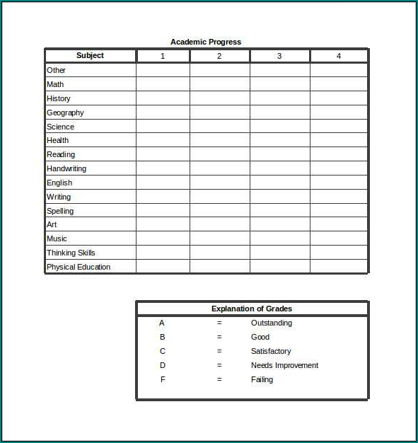Example of Blank Report Card