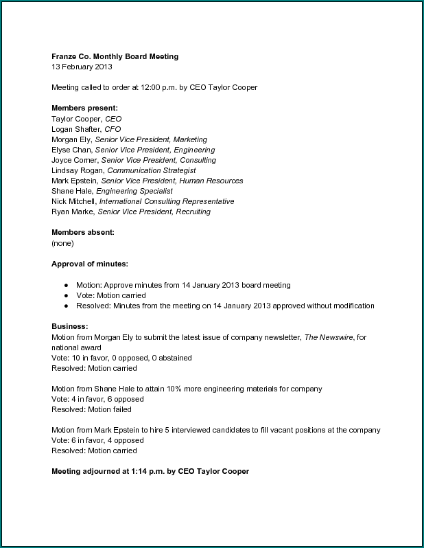 Example of Board Meeting Minutes Template