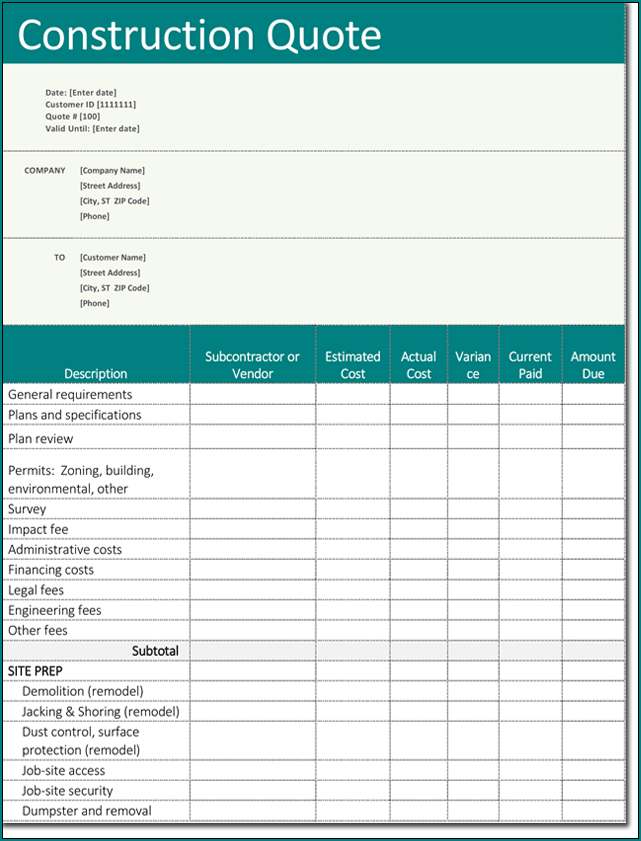 Example of Building Quote Template