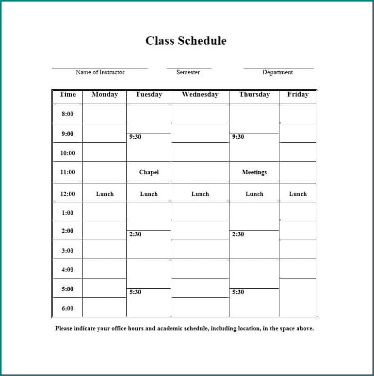 Example of Classroom Schedule Template