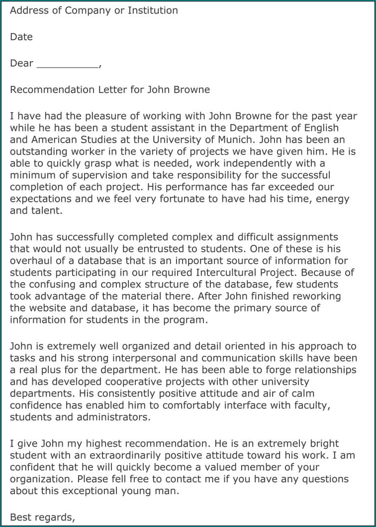 Example of College Recommendation Letter Template
