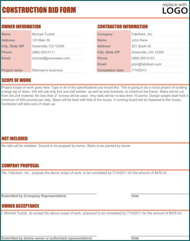 Example of Construction Bid Form