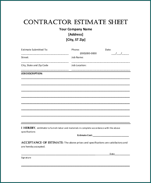 Example of Construction Estimate Form