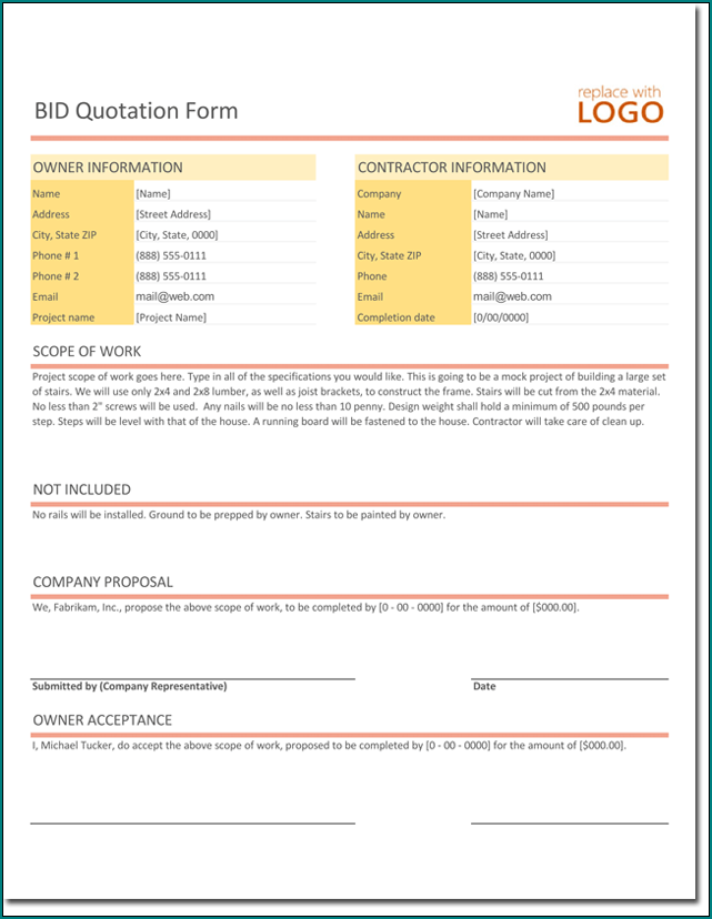 Example of Construction Quote Template