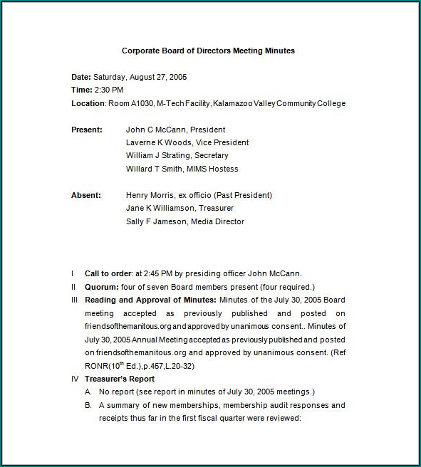 Example of Corporate Meeting Minutes Template