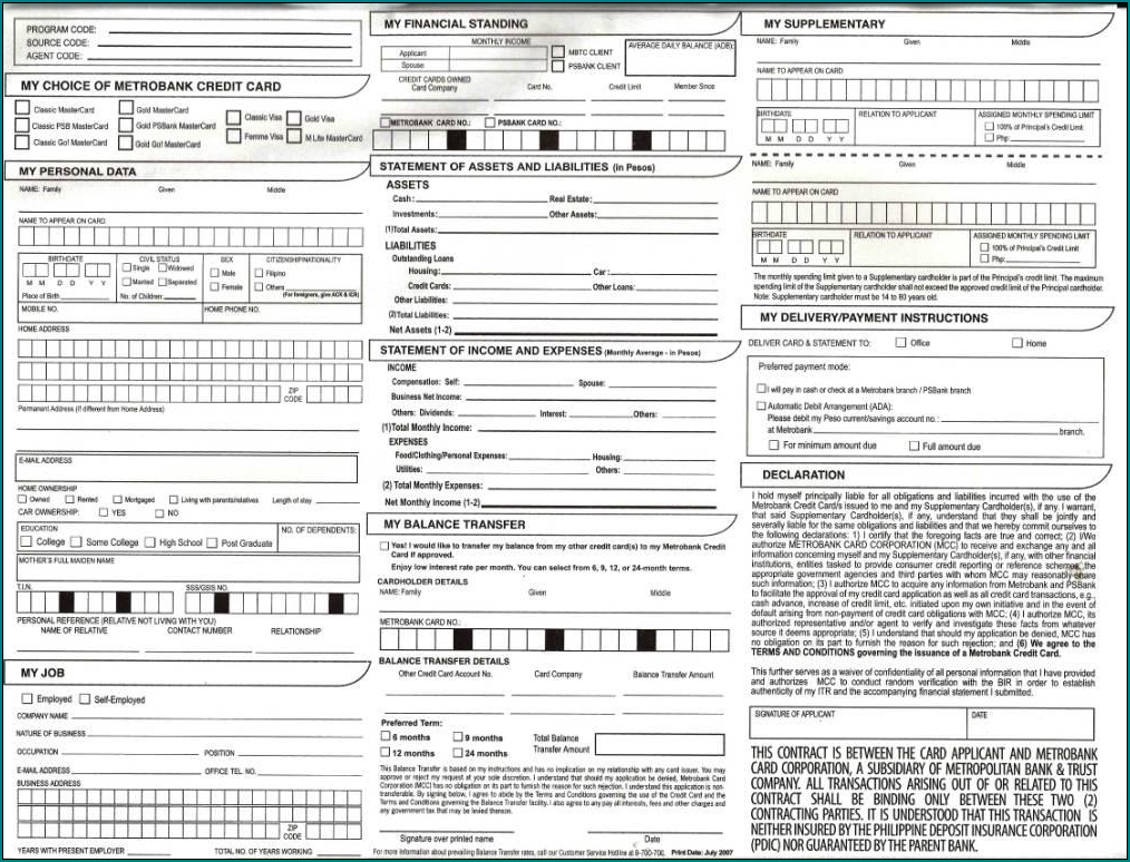 Example of Credit Card Application Form