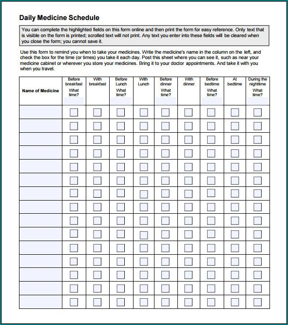 Example of Daily Medication Schedule Template