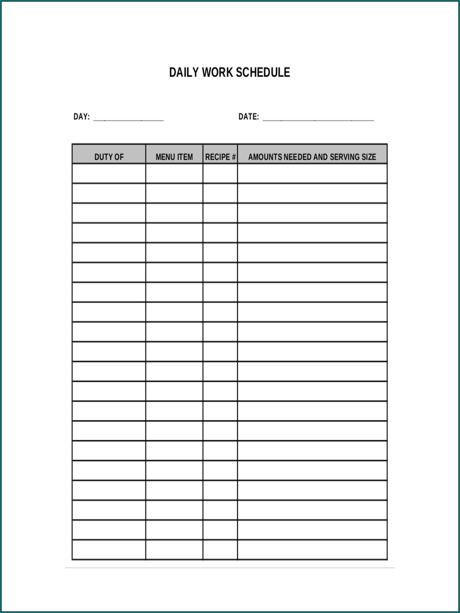 Example of Daily Work Schedule Template