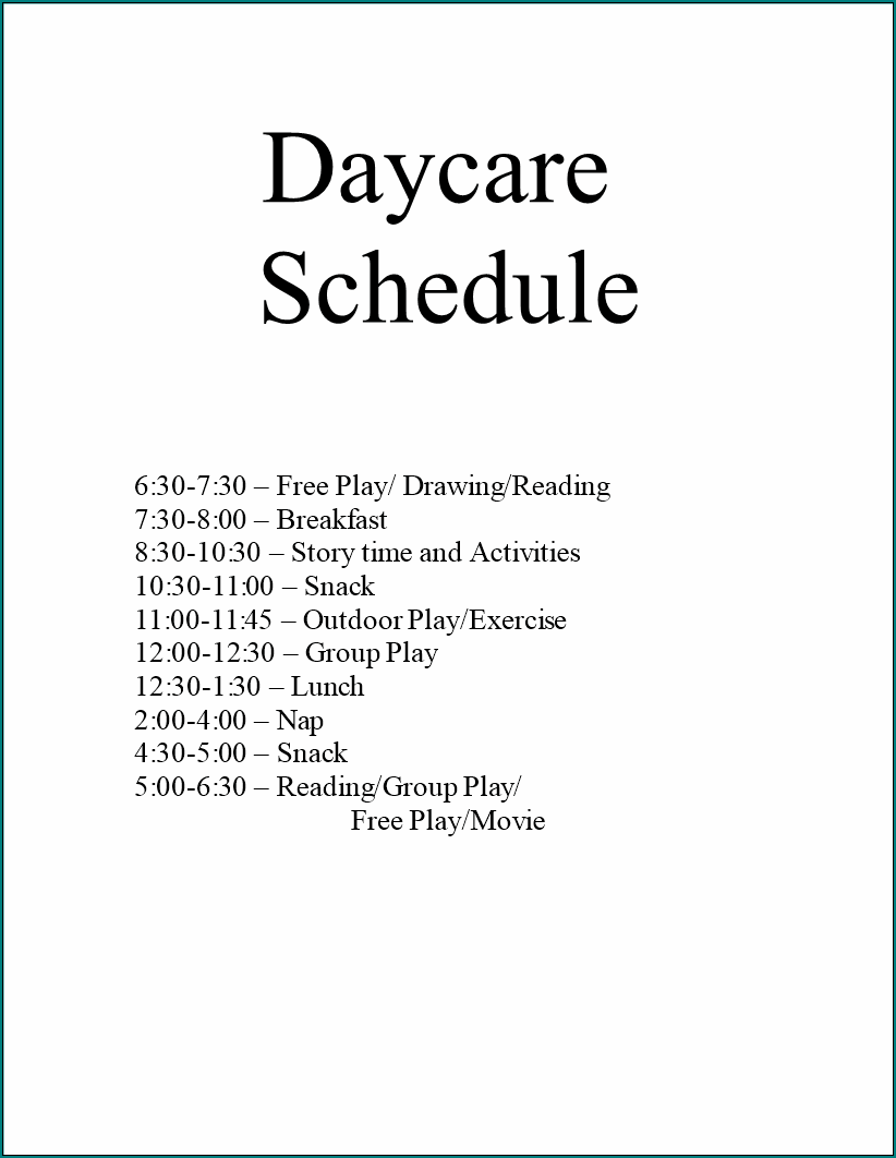 Example of Daycare Schedule Template