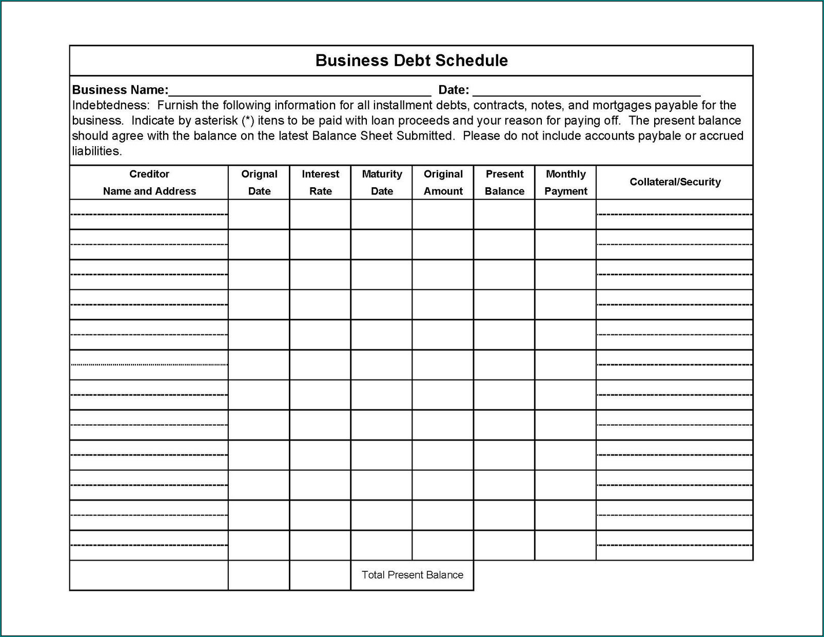 Example of Debt Schedule Template