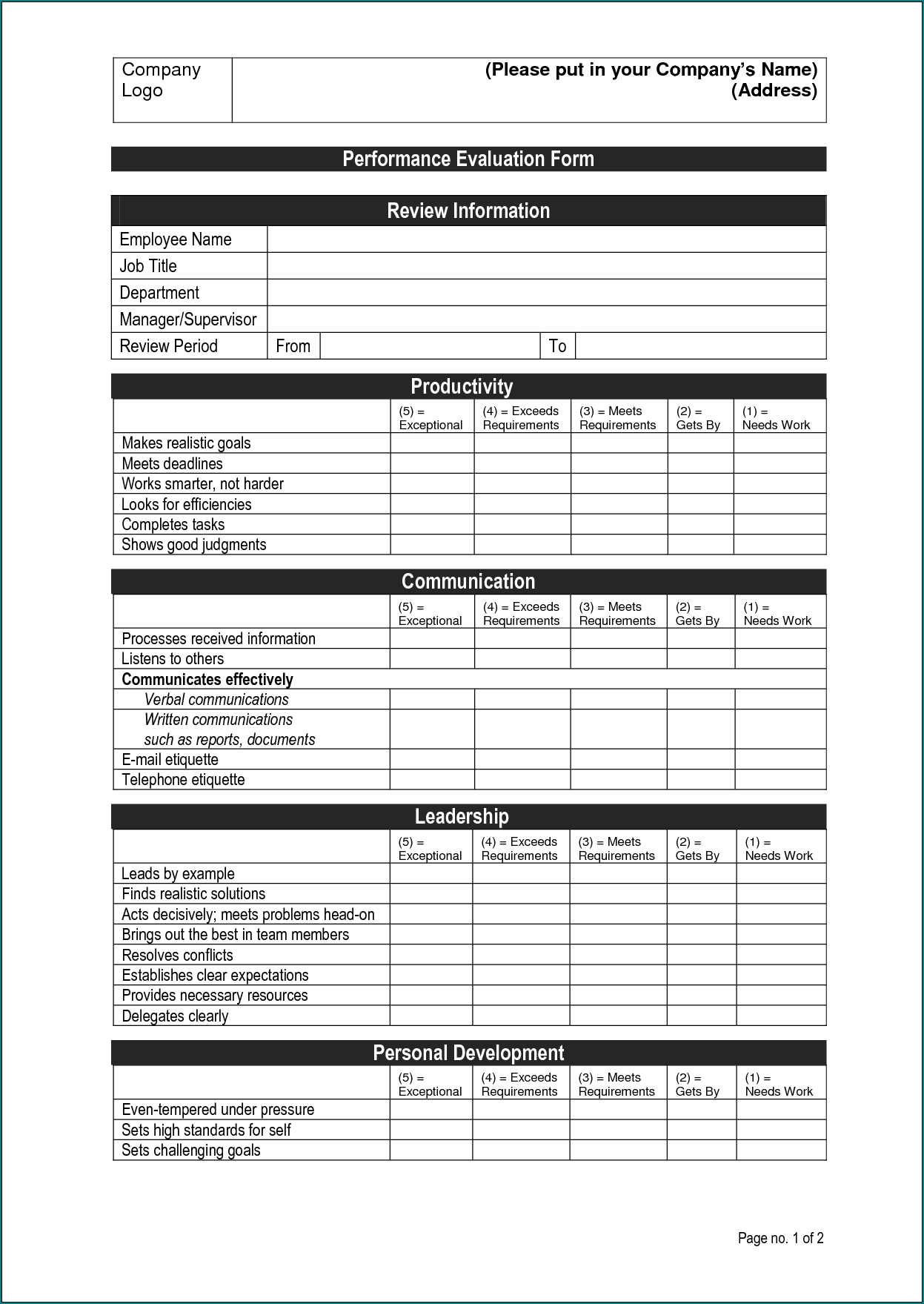 Example of Employee Performance Evaluation Form