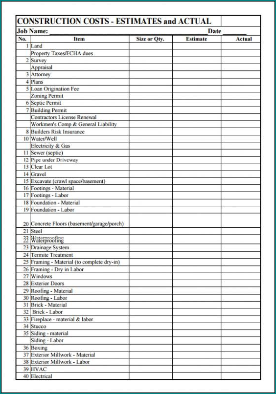 Example of Estimate Sheet For Construction
