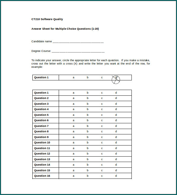Example of Excel Multiple Choice Test Template