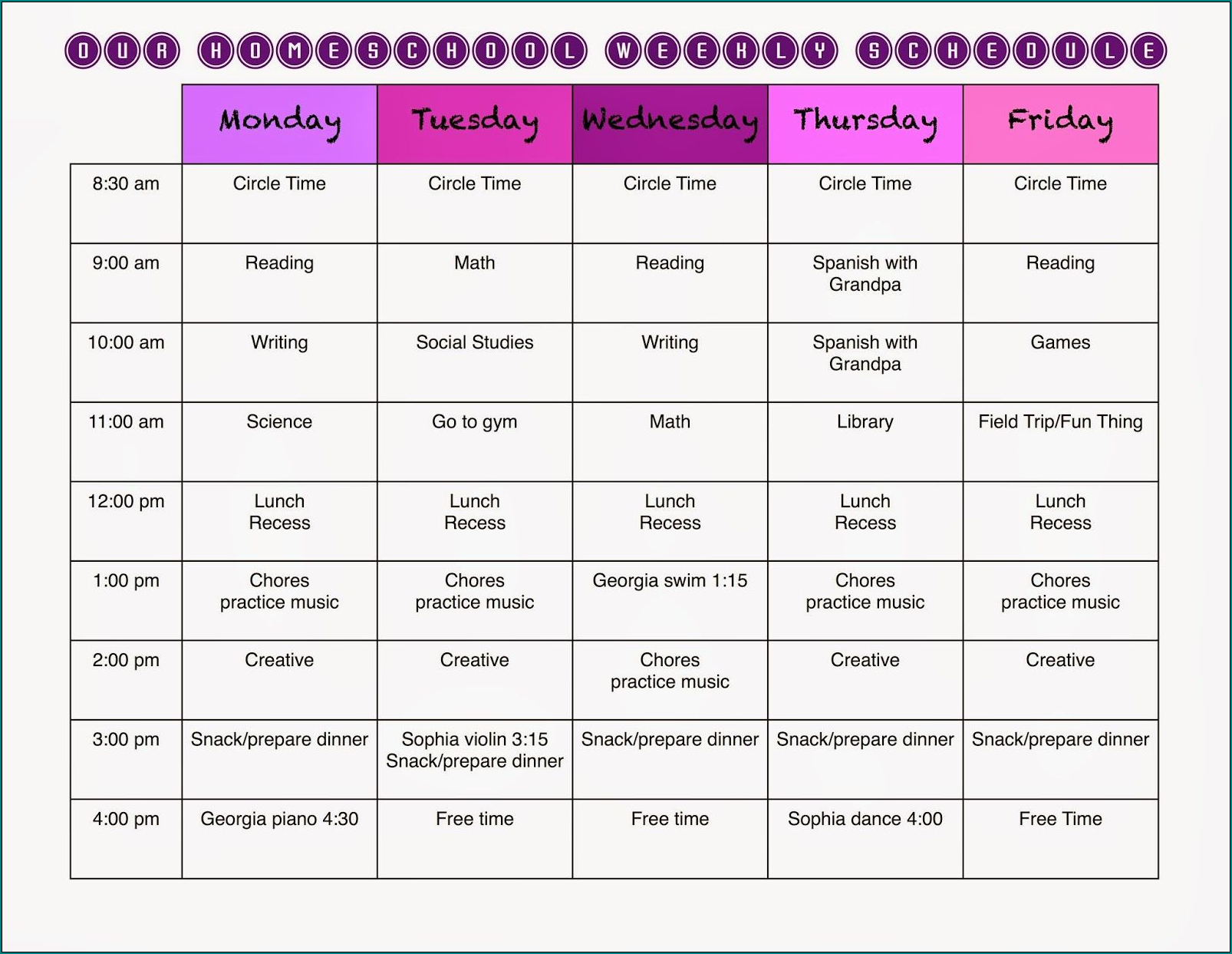 Example of Homeschooling Schedule Template