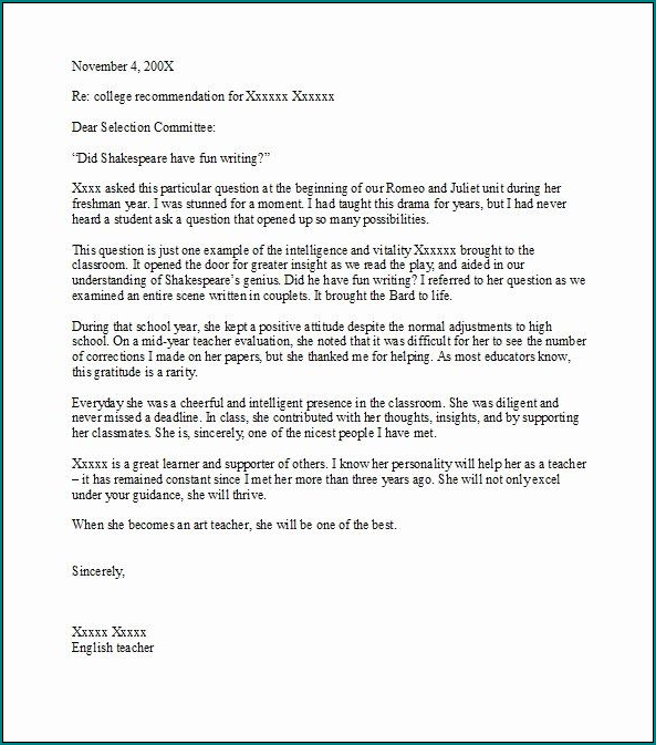 Example of Letter Of Recommendation For College