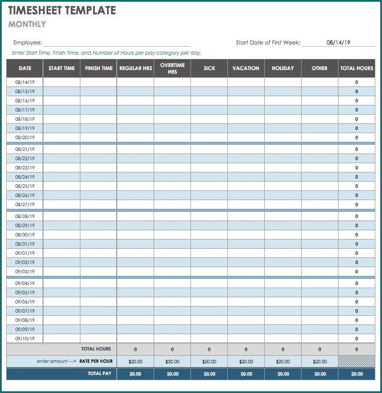 Example of Monthly Timesheet Template Excel