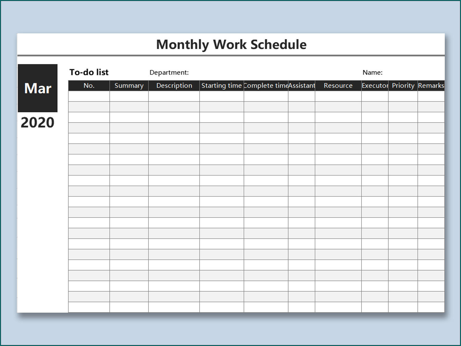 Example of Monthly Work Schedule Template Excel