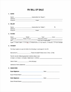 Example of Printable RV Bill of Sale Form