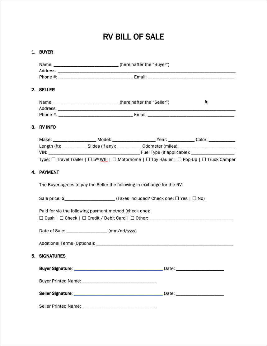 Example of Printable RV Bill of Sale Form Example of Printable RV Bill of Sale Form