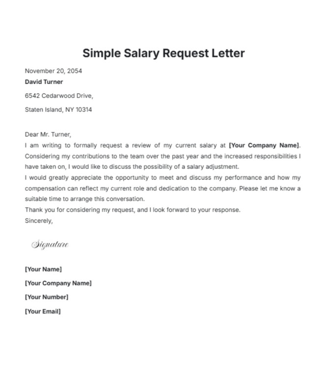 Example of Printable Salary Request Letter Template