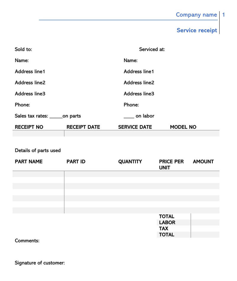 Example of Printable Service Receipt Template Example of Printable Service Receipt Template
