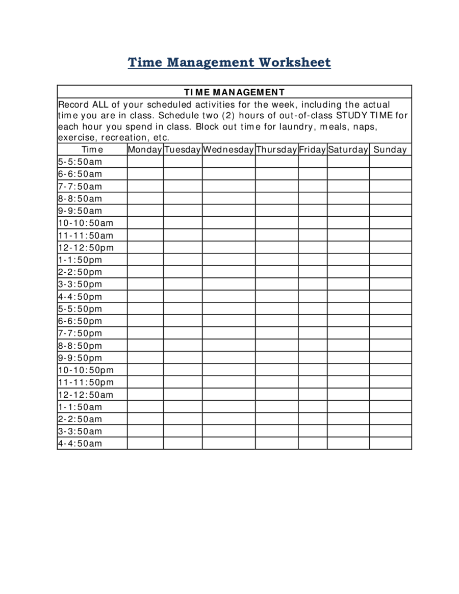 Example of Printable Time Management Worksheet Template Example of Printable Time Management Worksheet Template