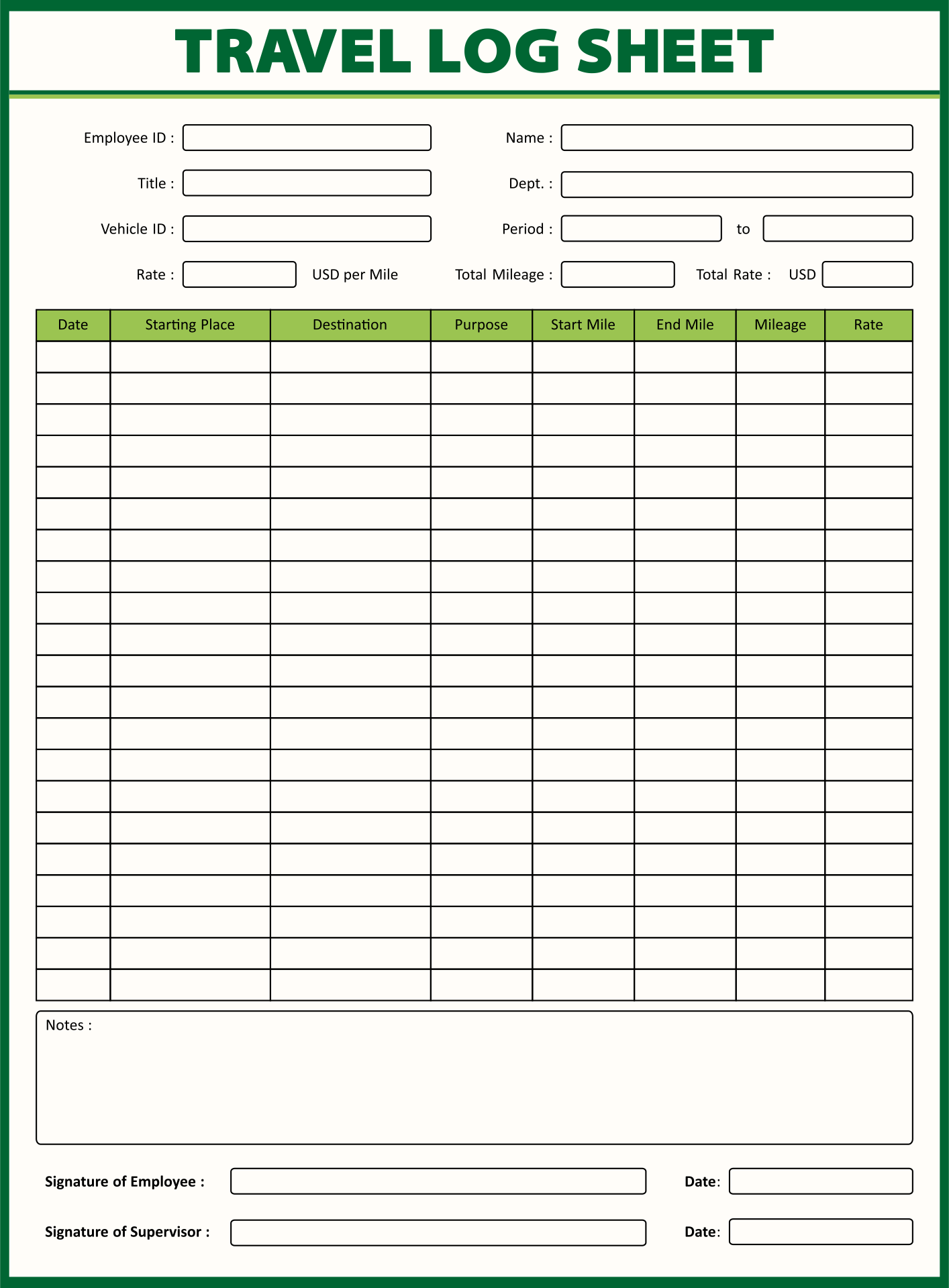Example of Printable Travel Log Template Example of Printable Travel Log Template