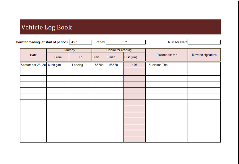 Example of Printable Vehicle Log Book Template Example of Printable Vehicle Log Book Template