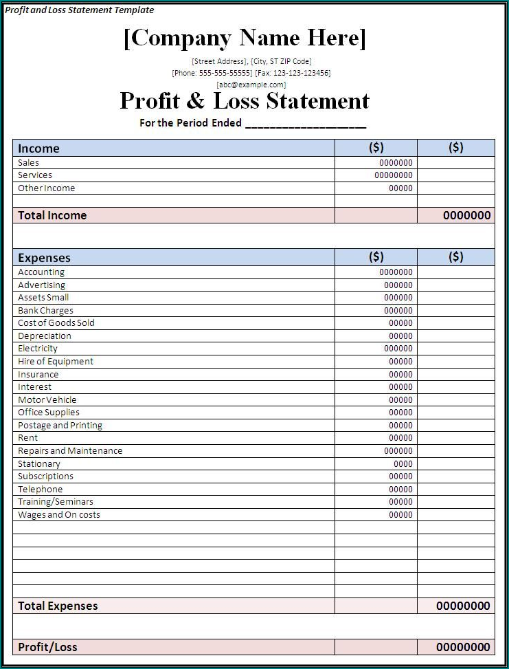 Example of Profit And Loss Account Template
