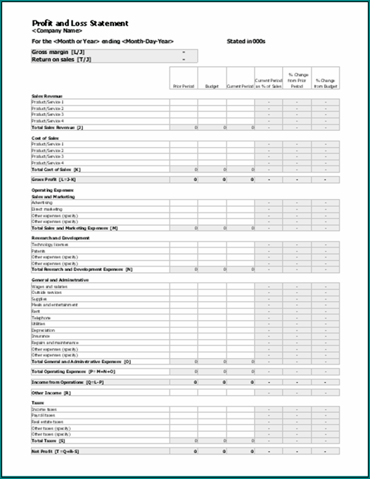 Example of Profit And Loss Template Excel