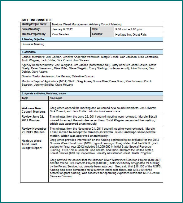 Example of Project Meeting Minutes Template