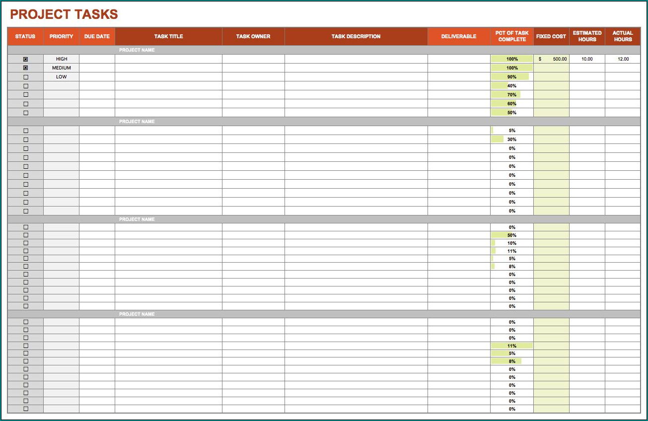 Example of Project Task List Template