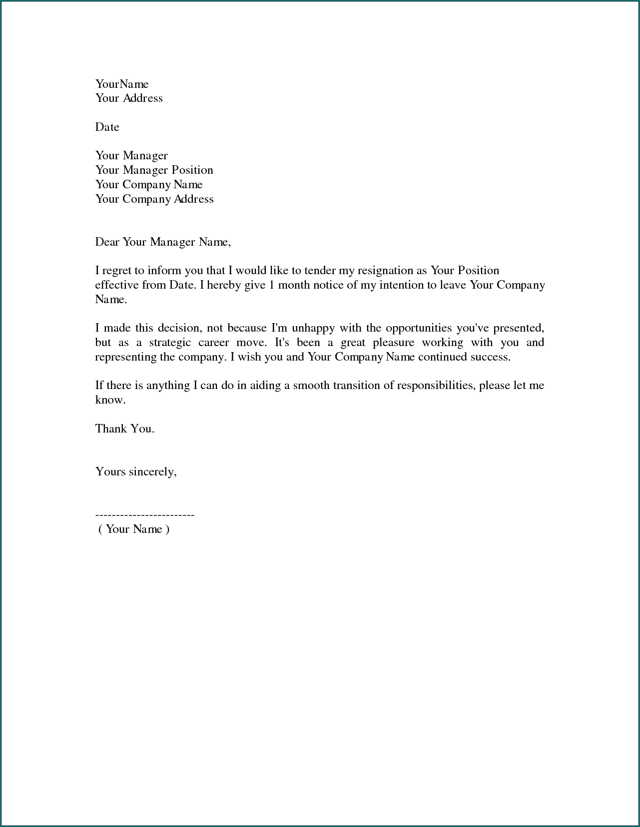 Example of Resignation Letter Template