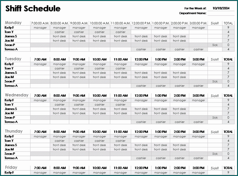 Example of Schedule Shift Template