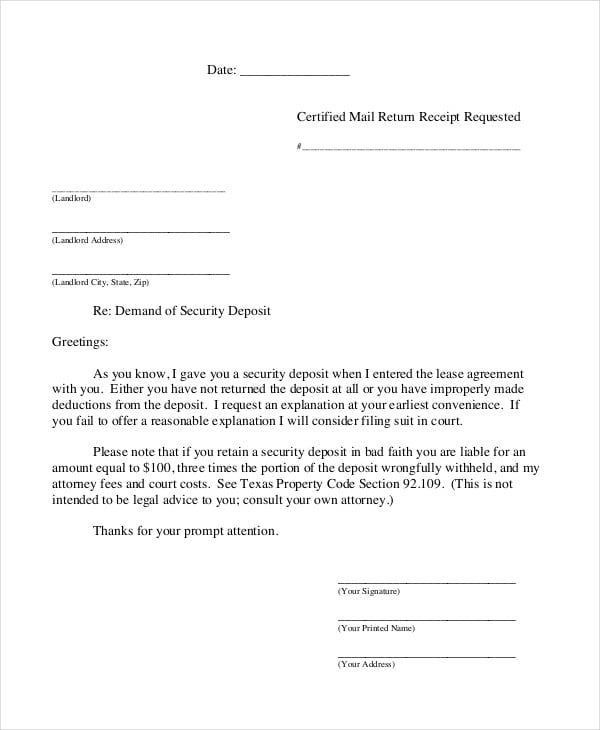 Example of Security Deposit Demand Letter Template Example of Security Deposit Demand Letter Template