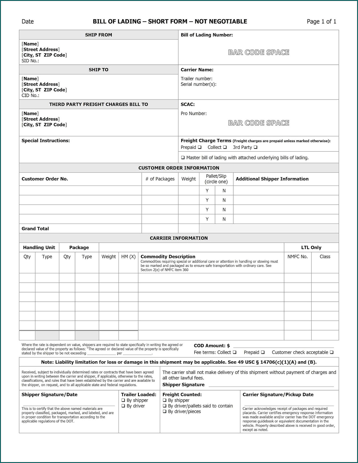 Example of Short Form Bill Of Lading