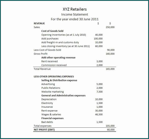 Example of Simple Income Statement Template
