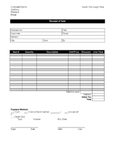 Example of Small Business Sales Receipt Template