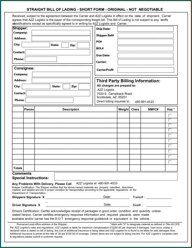 Example of Straight Bill Of Lading Short Form