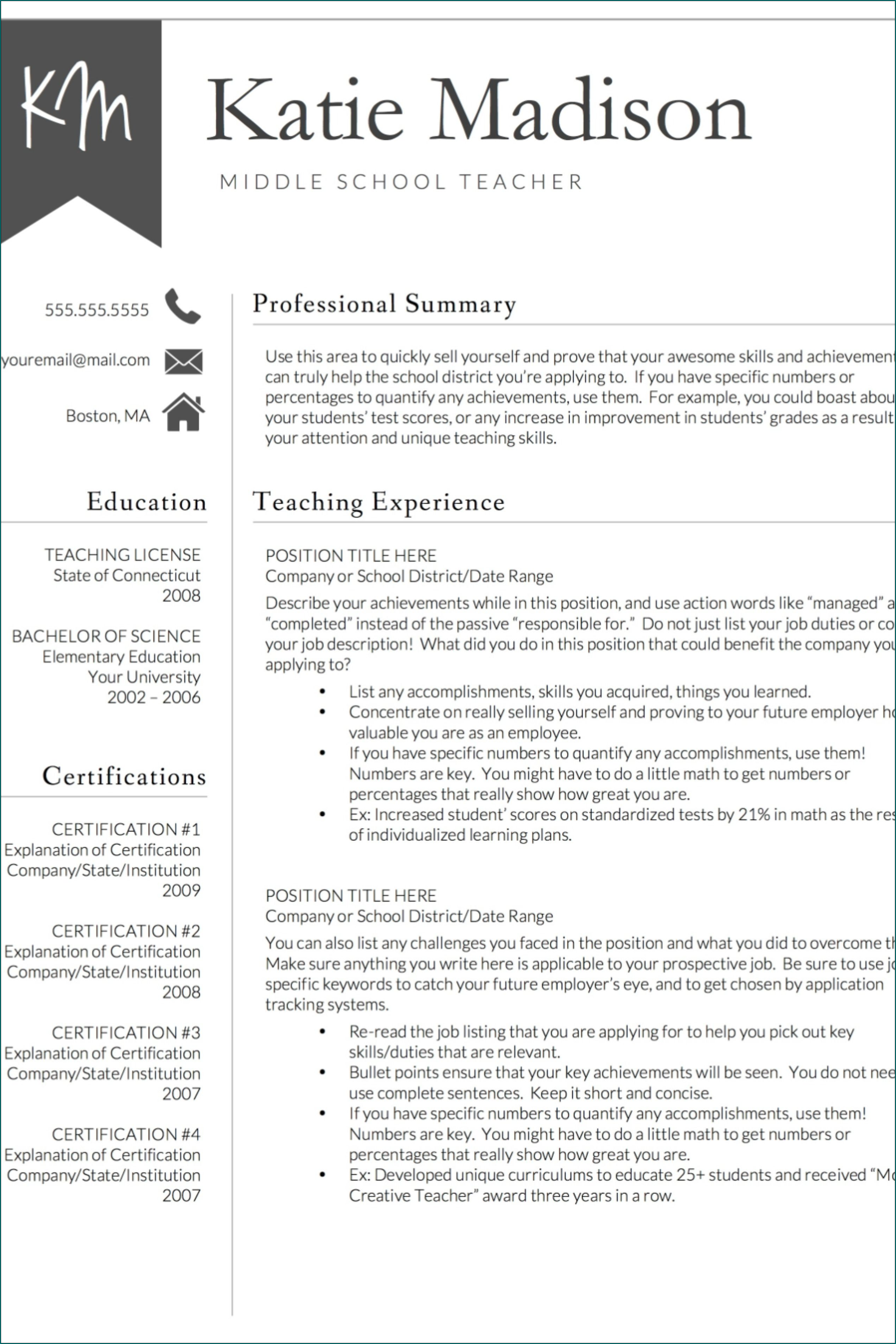 Example of Teacher Resume Template