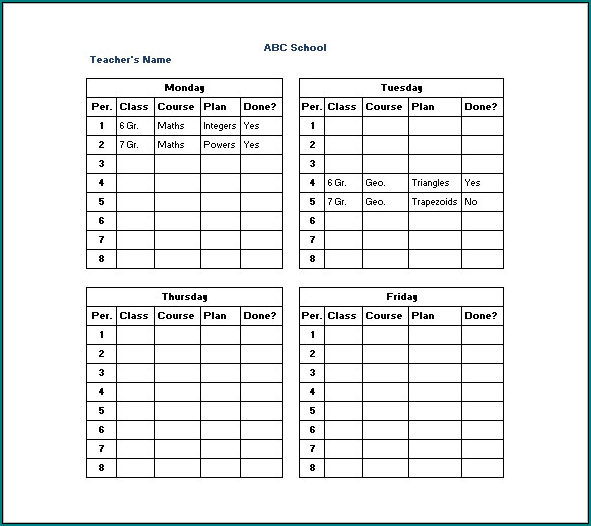 Example of Teaching Schedule Template