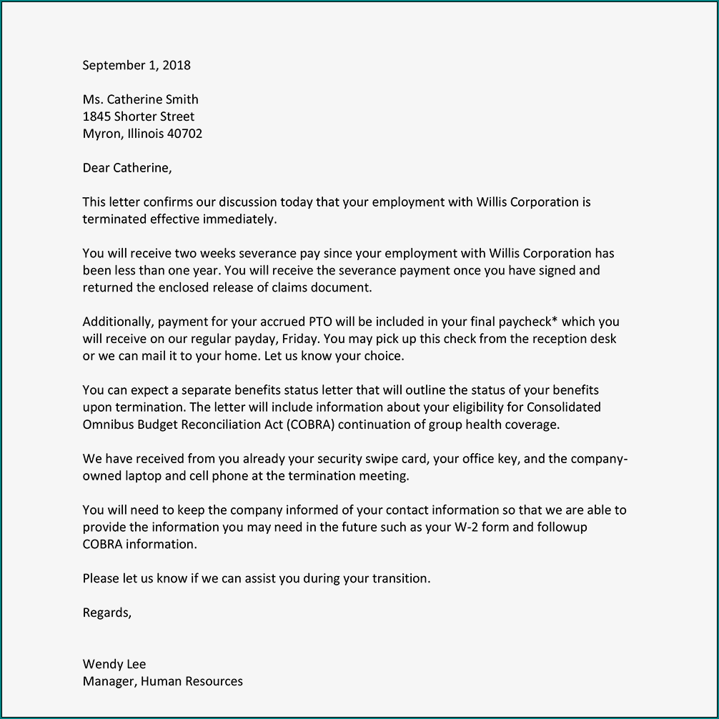 Example of Termination Letter Template
