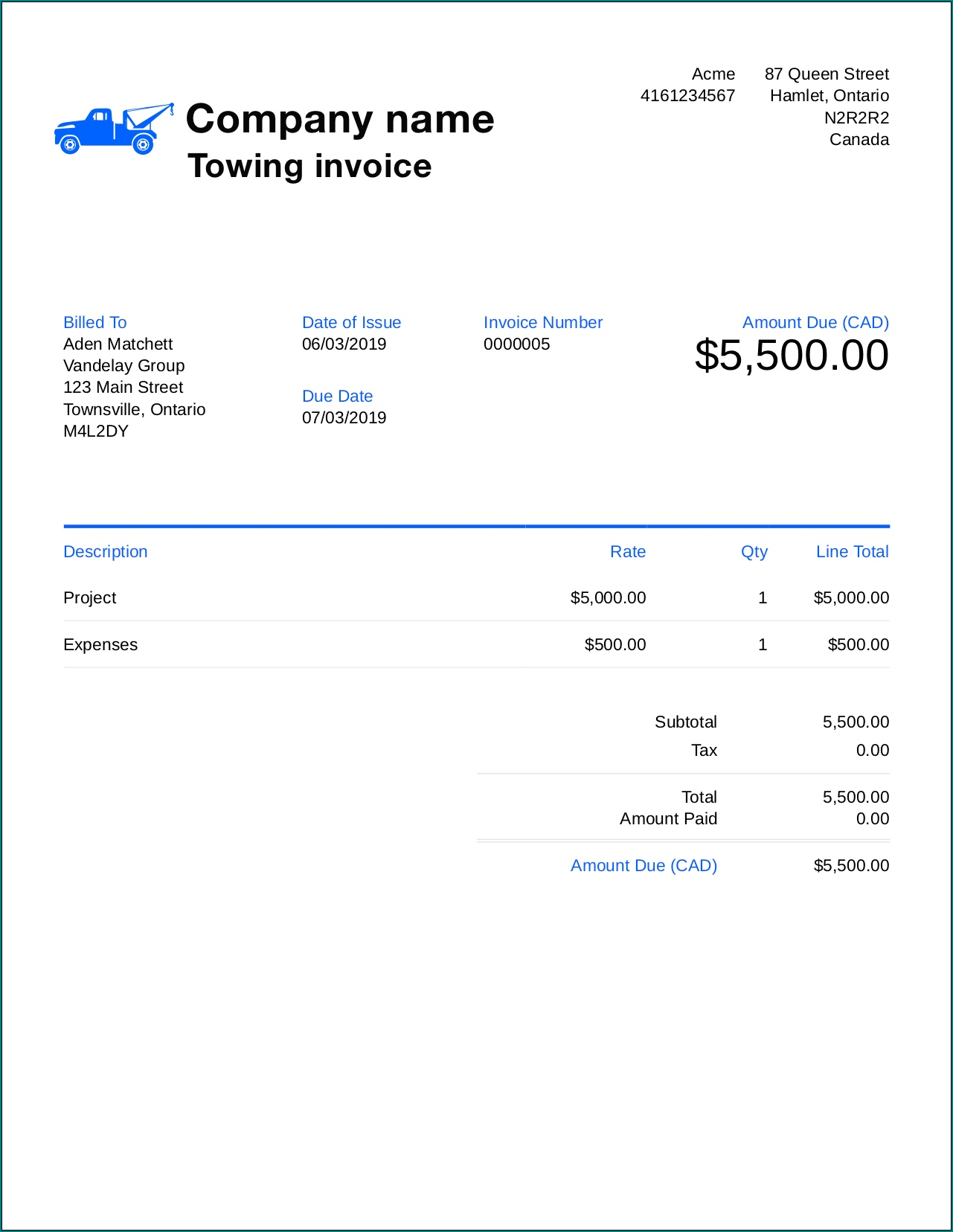 Example of Towing Receipt Template