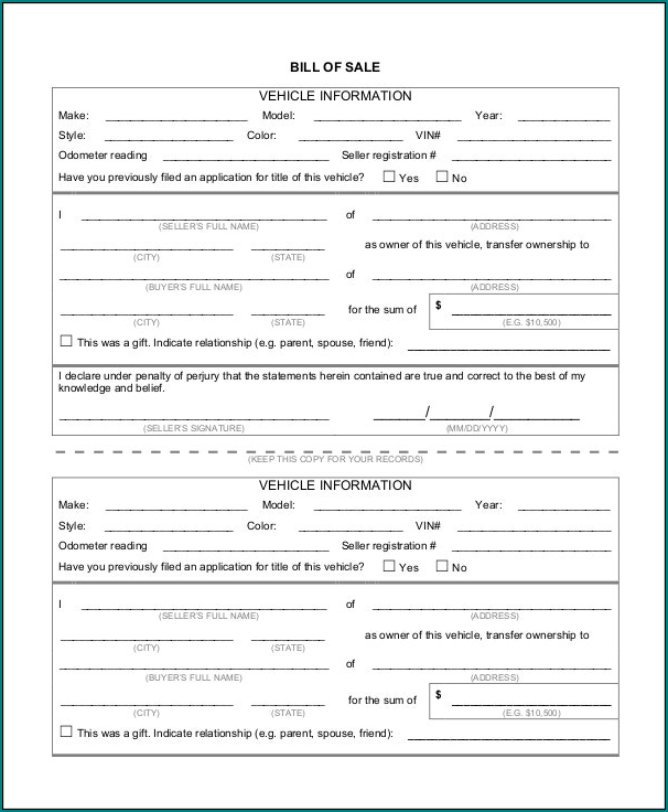 Example of Vehicle Bill Of Sale Template Word