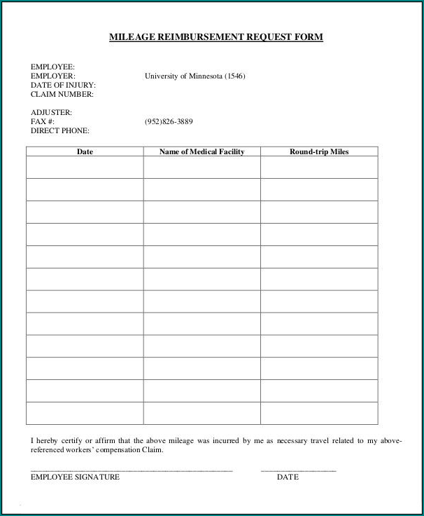 Example of Vehicle Mileage Log With Reimbursement Form