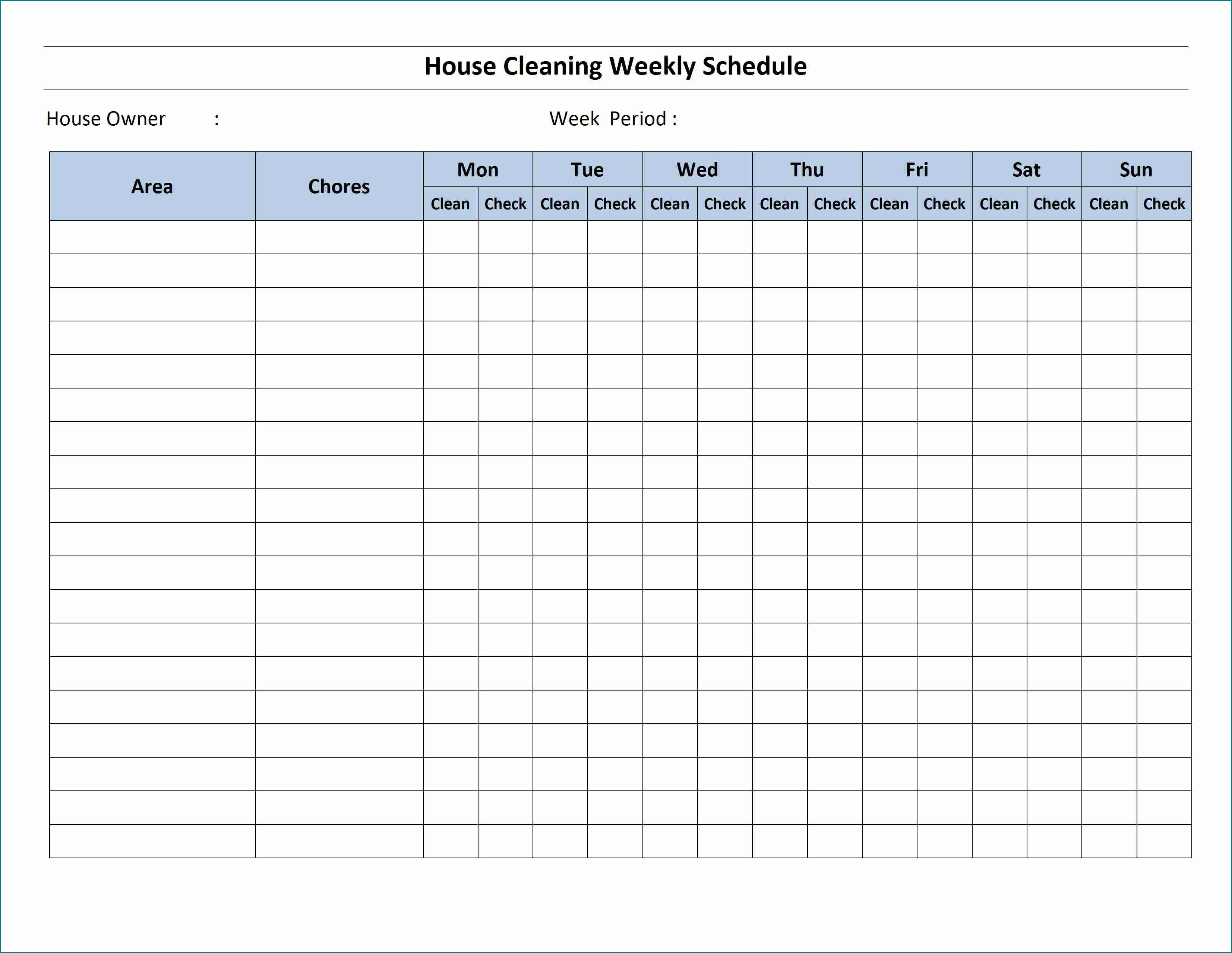 Example of Weekly Cleaning Schedule Template